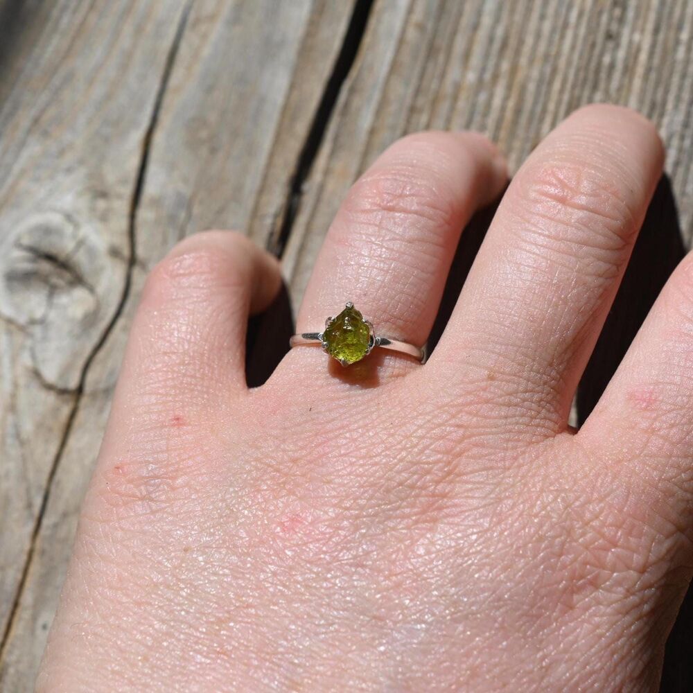 Engagement ring Peridot , sterling silver size 7, natural raw gemstones American